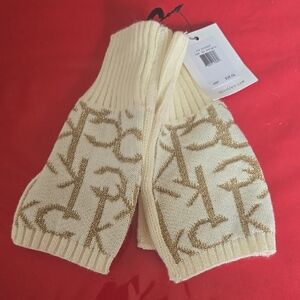 Calvin Klein Ivory and Gold Logo Knit Gloves
